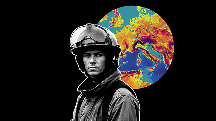 Ananda illustration: a firefighter in front of a heat map of Europe